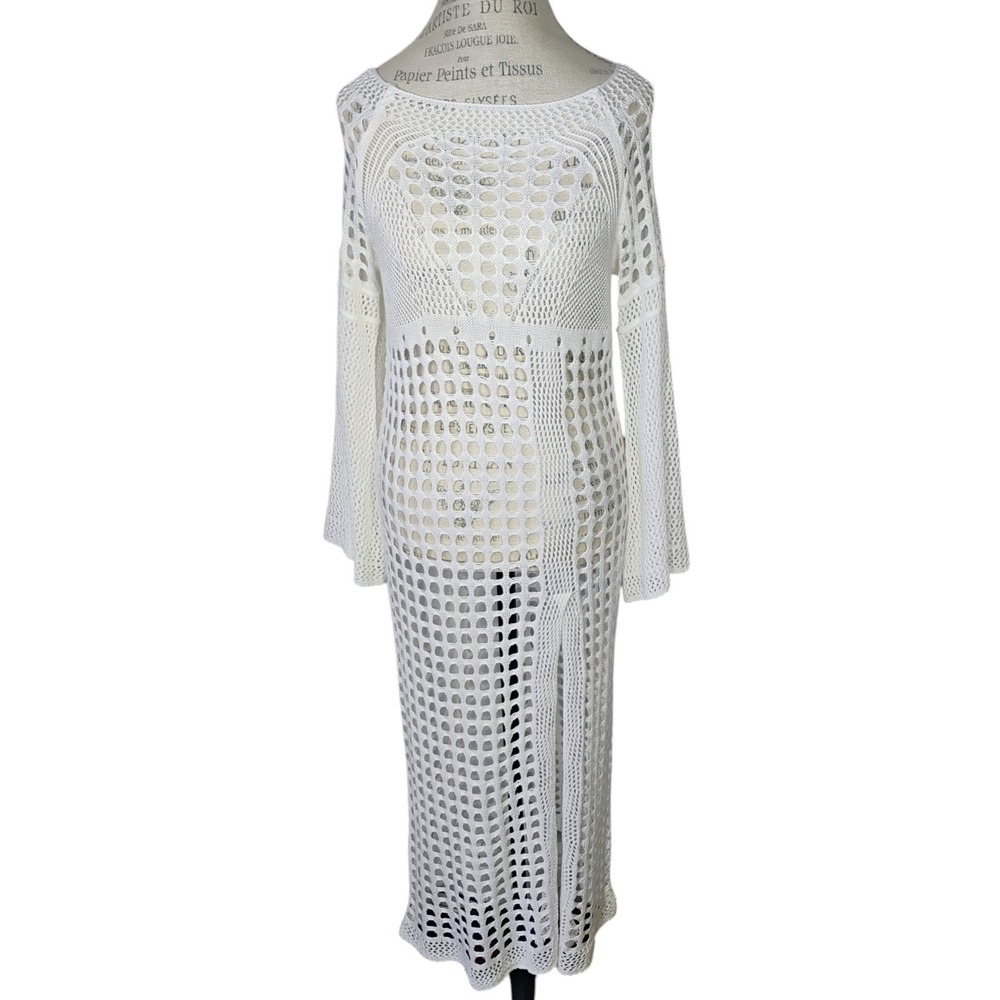 Crochet Knit Maxi‎ Dress Womens M/L Resort Beach Cover Up Long Open Knit Sheer